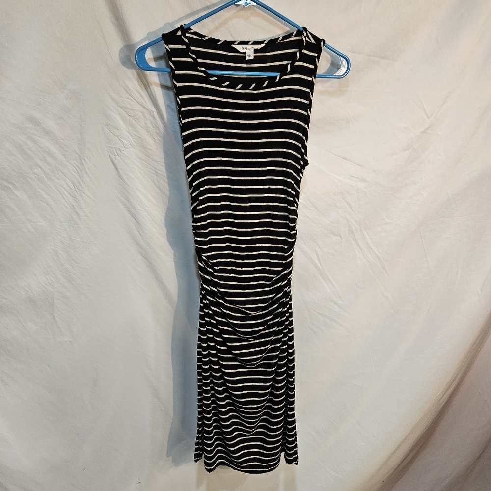 Athleta Comeback Tank Midi Dress Ruched Sleeveless Striped Black Beige Sze Small